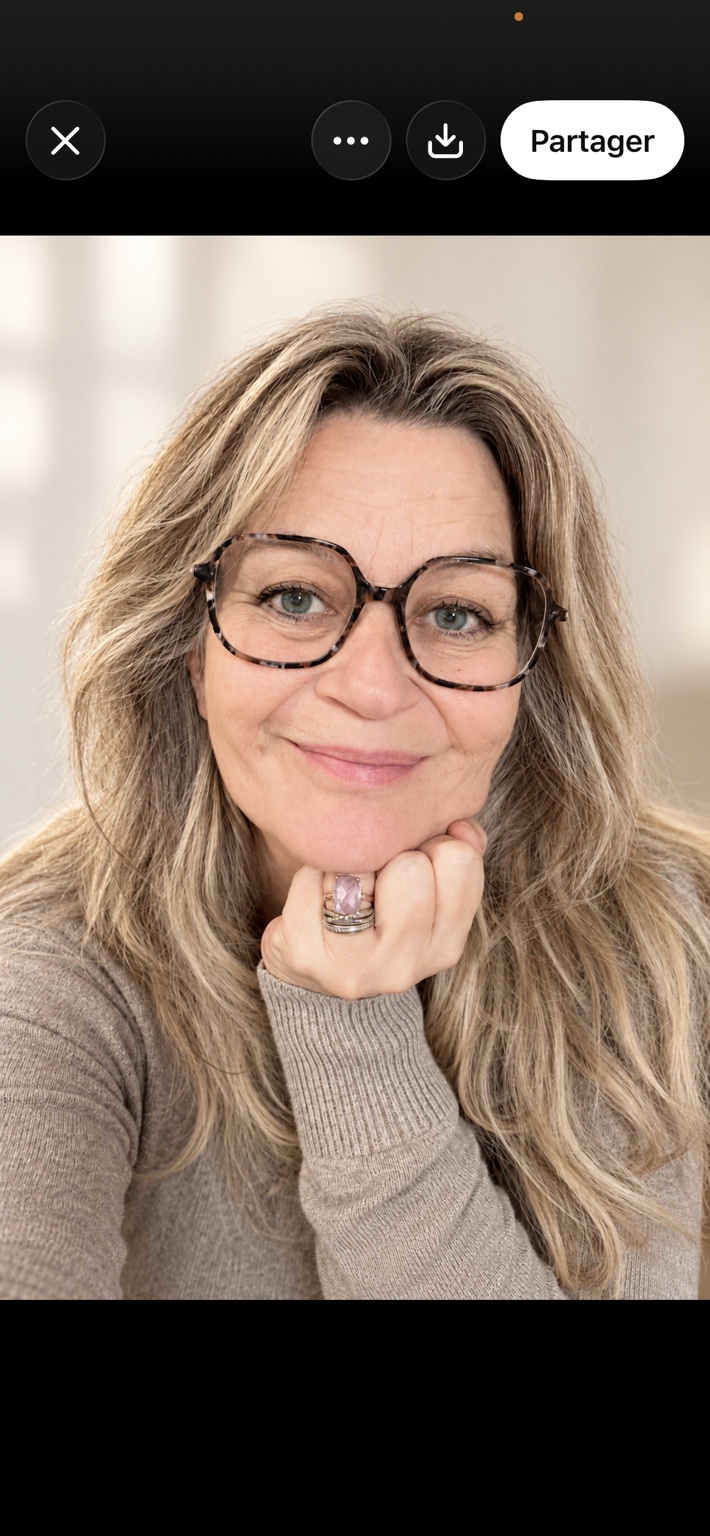 Sophie Di Grazia, hypnothérapeute et énergéticienne, souriante, le menton posé sur sa main